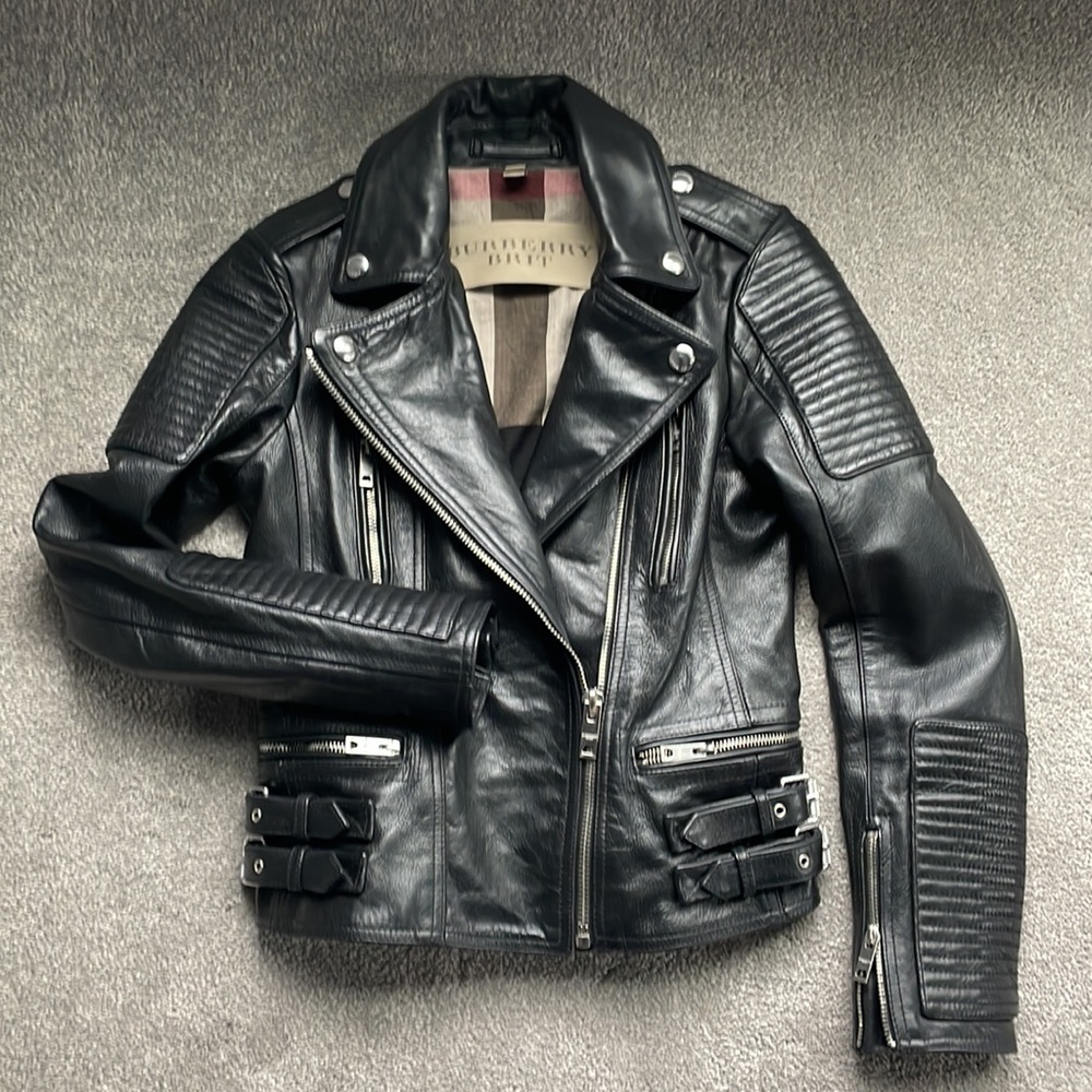 Burberry Brit black leather bomber jacket.
